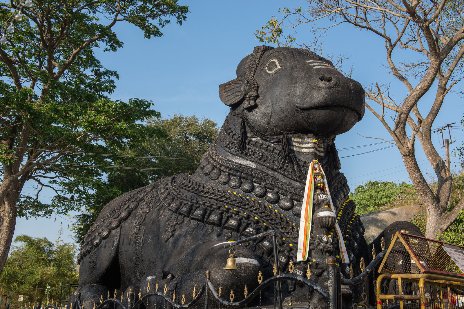 Mysore - Chumanudi heuvel - Nandi Halverwege de top van Chamundi Hill is er een standbeeld van de stier Nandi. Het is 4,9m hoog en 7,6m lang en gebeeldhouwd uit een enkel stuk zwarte graniet. Stefan Cruysberghs